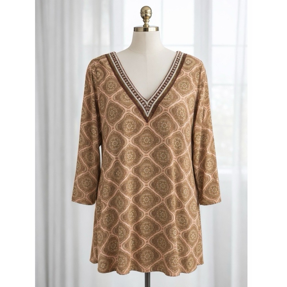 Soft Surroundings Popover Top Peach Gold Embellished Beaded V-Neck Flowy Size XL